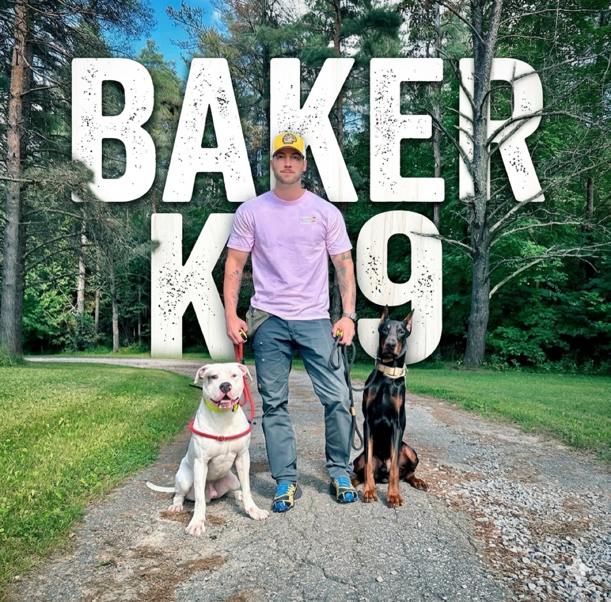 Kyle Baker with two trained dogs